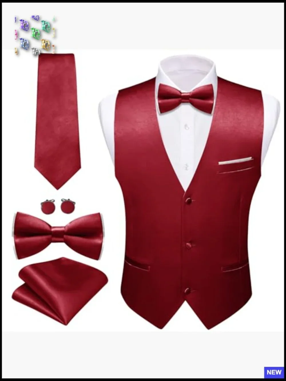 Men's Satin Vest Set Formal Business Wedding Tuxedo Accessories 5PCS